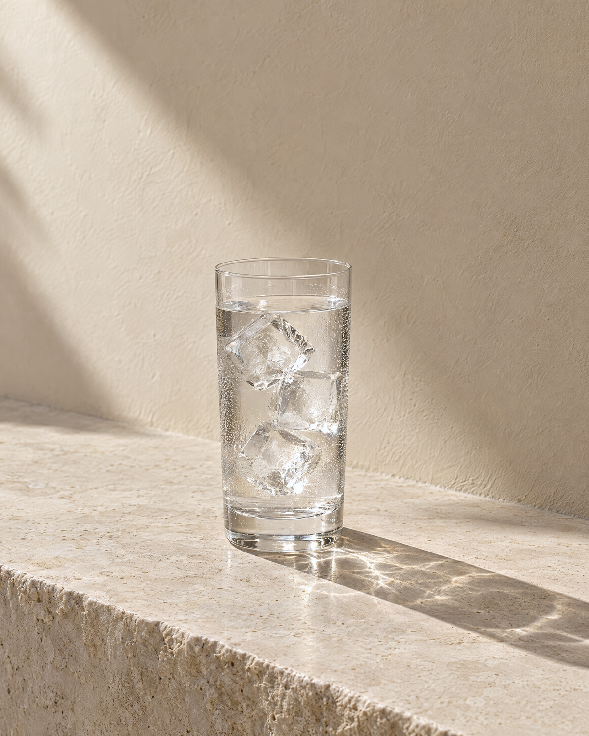 A glass of water with ice on a stone ledge in afternoon light