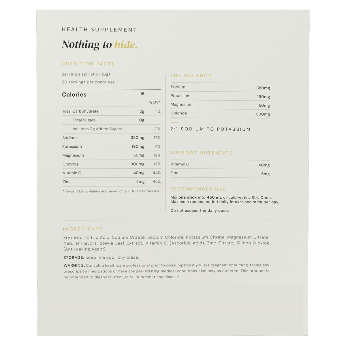Back label of the VYTL box with nutrition facts, electrolyte amounts and ingredients