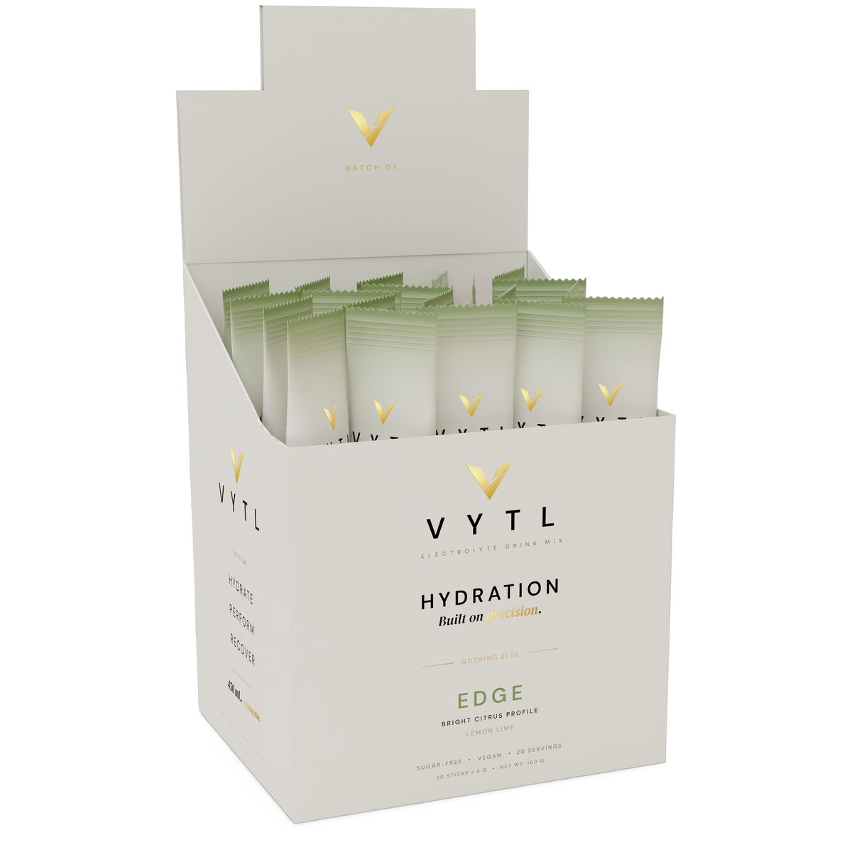VYTL EDGE Lemon Lime electrolyte box open with stick packs