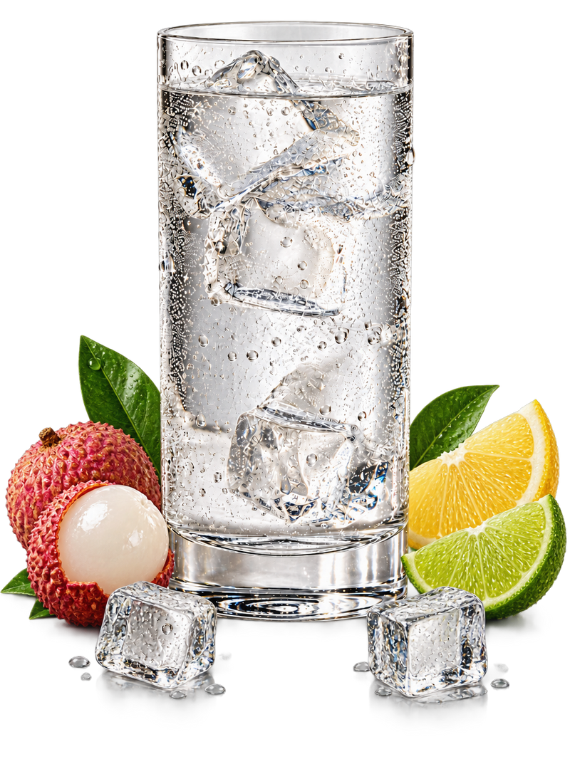 A tall glass of VYTL electrolyte drink with ice, lychee and lime